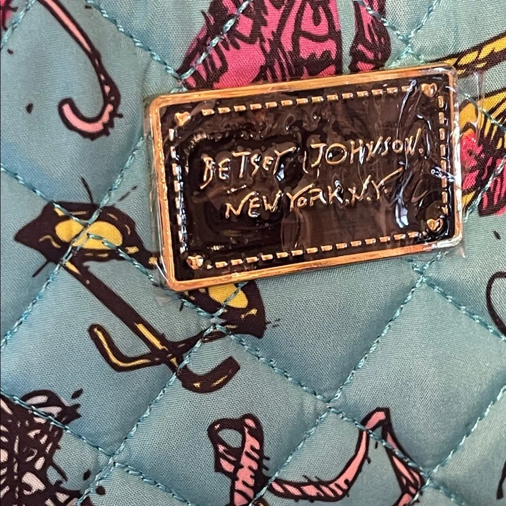 Betsey Johnson Turquoise Quilted Cosmetic Pouch with Pink Accent Print
